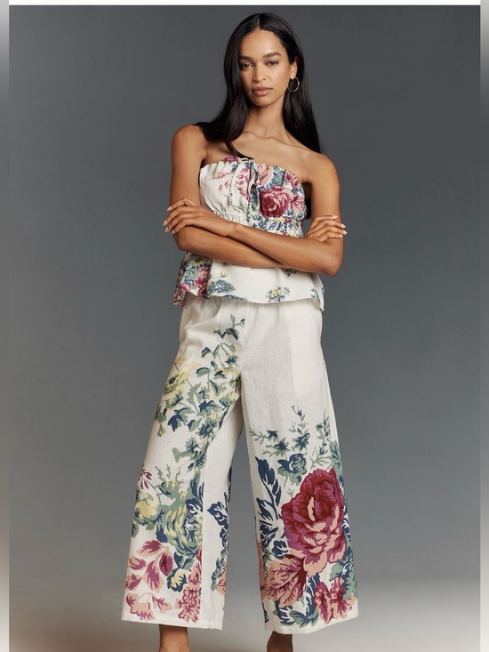 Anthropologie Pants - Anthropologie The Somerset Floral Wide-Leg Pull-On Linen Blend Pants LARGE